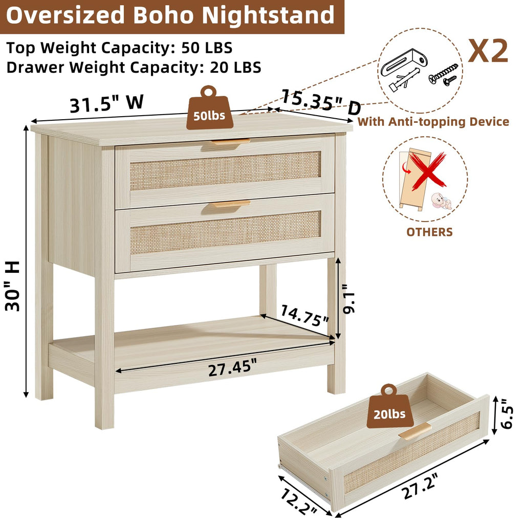 Lerliuo 31.5" Wide Rattan Nightstand,Oversized Large Boho Night Stand with 2 Drawers, 30" Tall Grey White Bedside Table with Storage Shelf, Bed Side End Tables for Bedroom, Living Room, Hallway