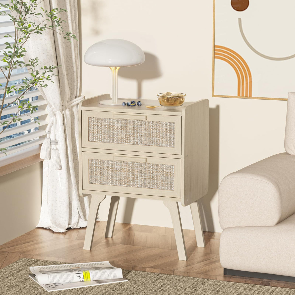 Lerliuo Rattan Nightstands Set of 2 for Bedroom, 2 Drawers