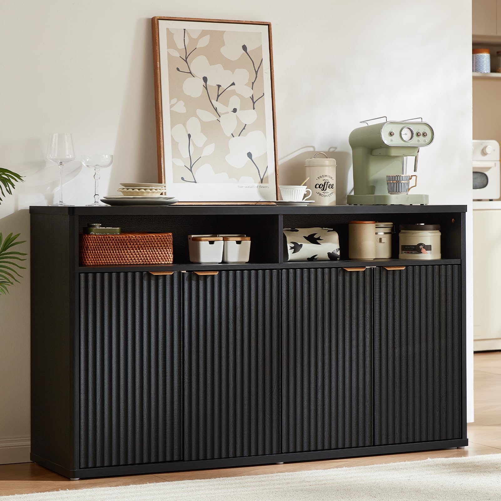 LEYAOYAO 45-Inch Fluted Buffet Cabinet with 3 Doors,Dark Blue