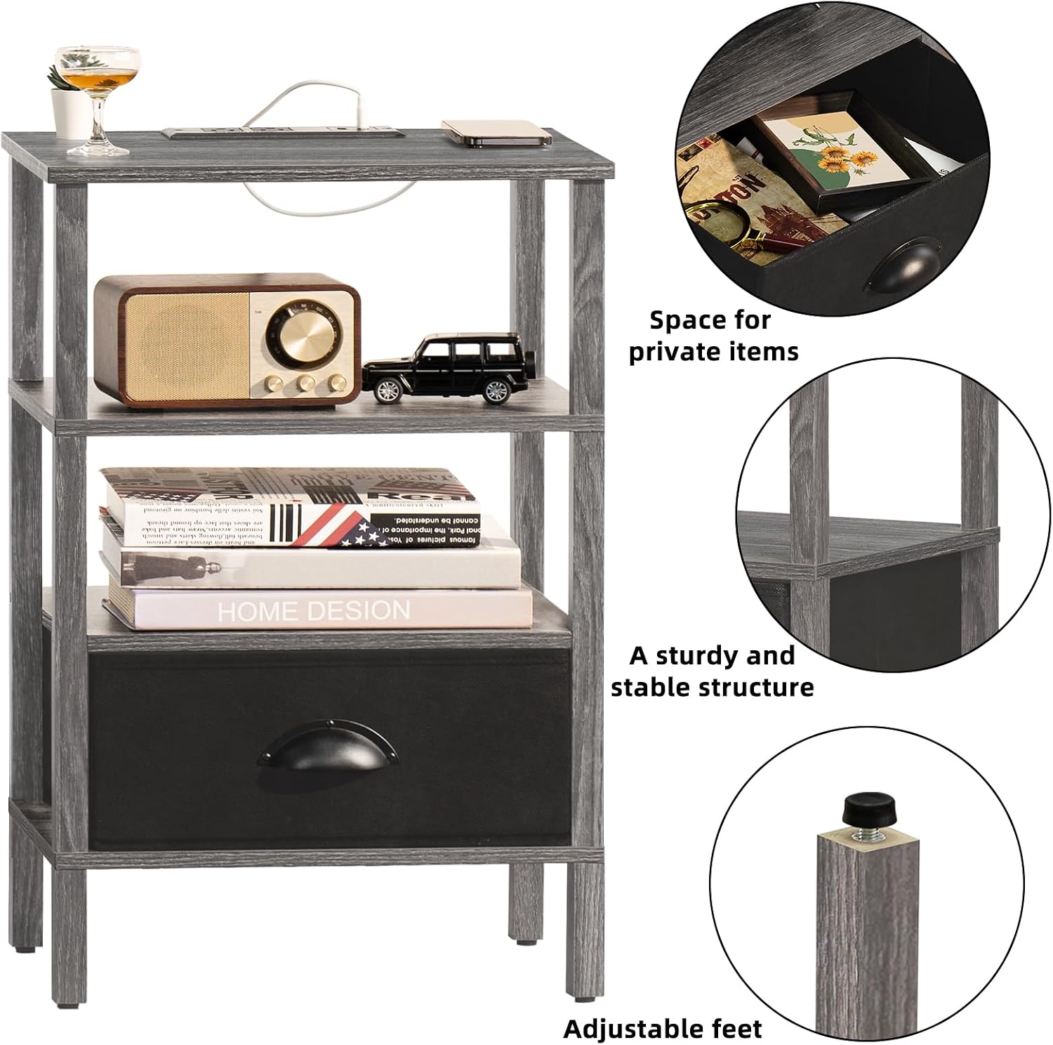 Lerliuo Nightstand Set of 2 with Charging Station and USB Ports, 3-Tier Storage End Table with Cloth Drawer Shelf, Night Stand for Small Spaces, Wood Bedside Table for Living Room, Bedroom - Grey