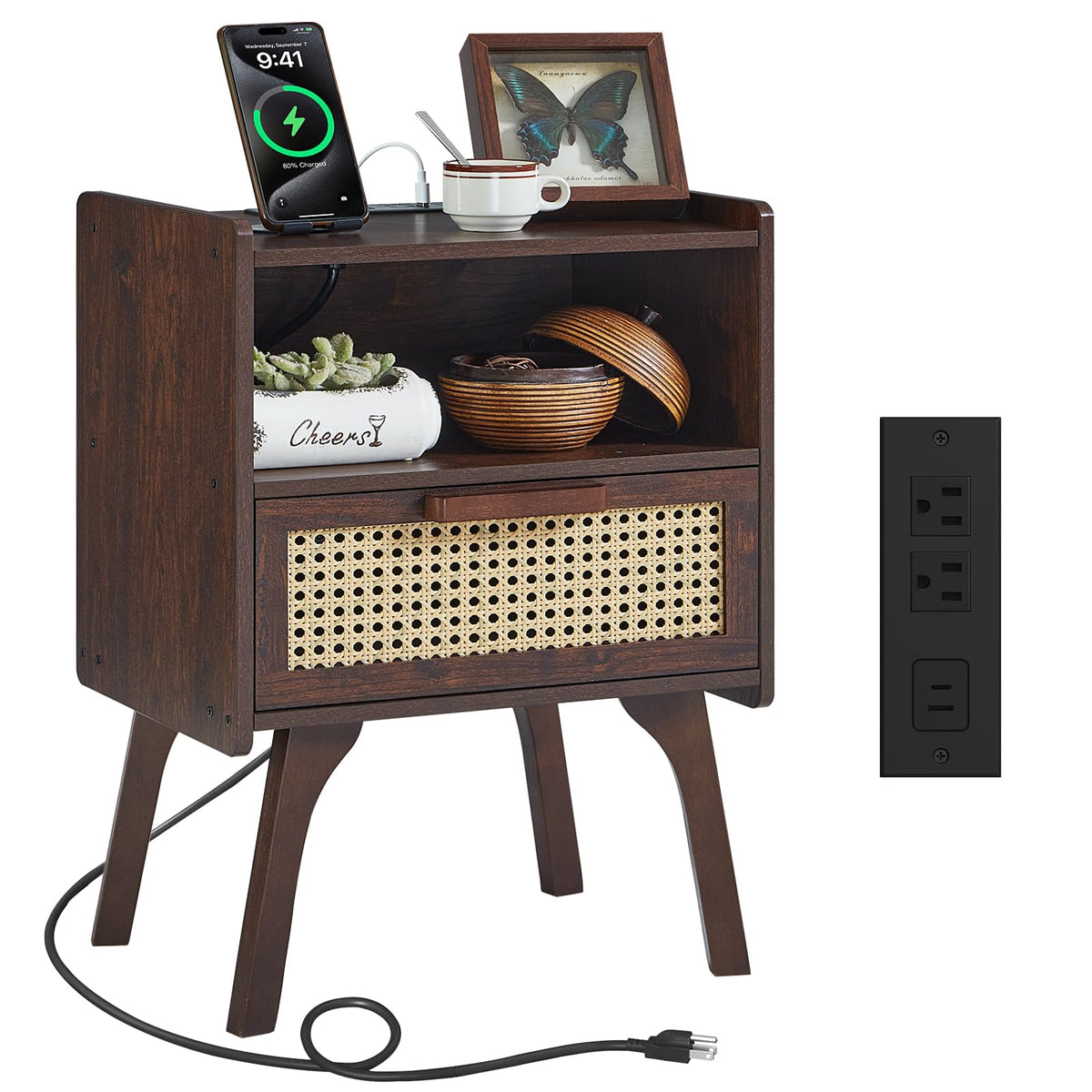 Lerliuo Rattan Nightstand with Charging Station, Boho Night Stand
