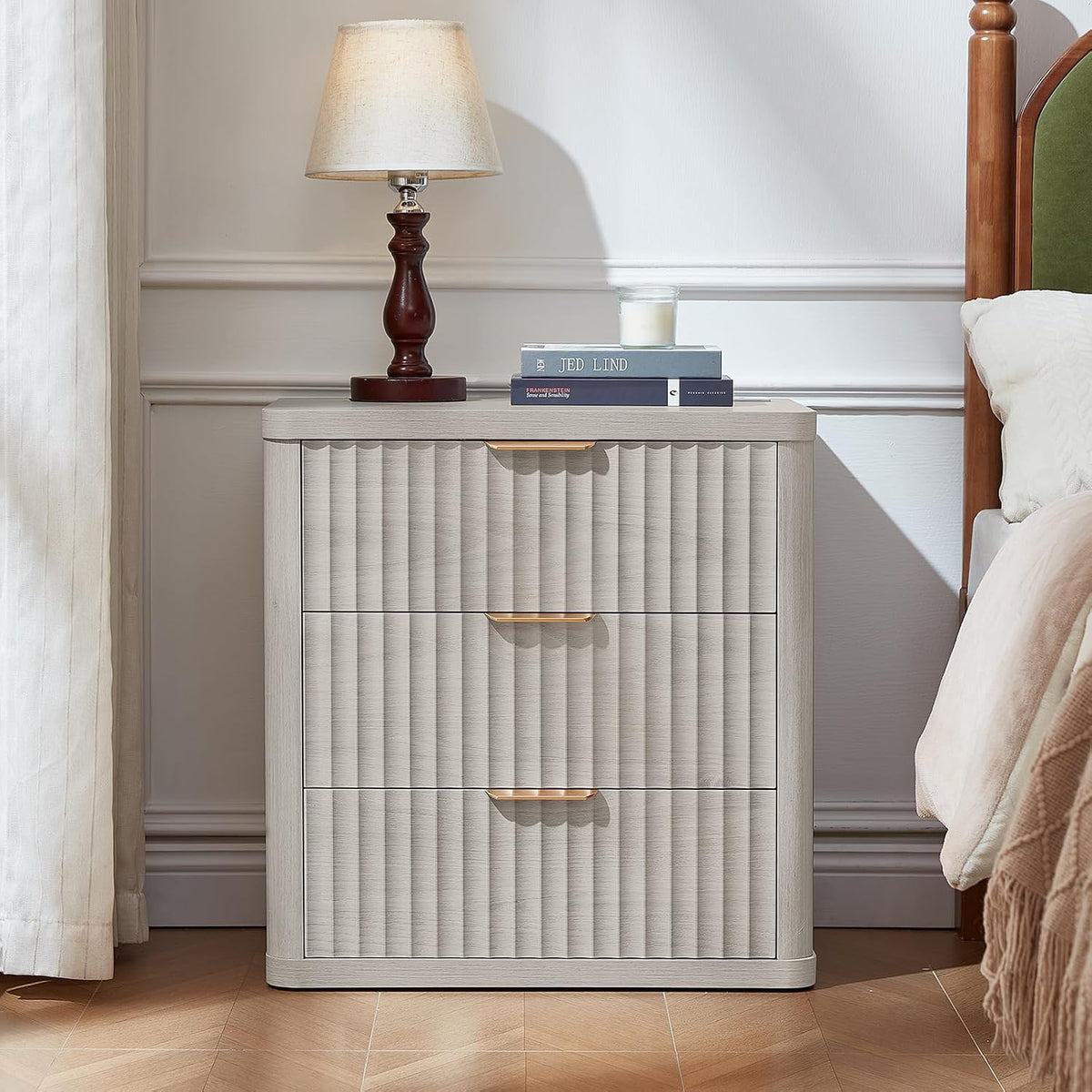 LEYAOYAO 23" Wide Fluted Night Stand with Charging Station, 3 Drawers Large End Table with Storage, LightGrey Nightstand Wood Bedside Tables, Farmhouse Cabinet Dresser for Bedroom, Closet