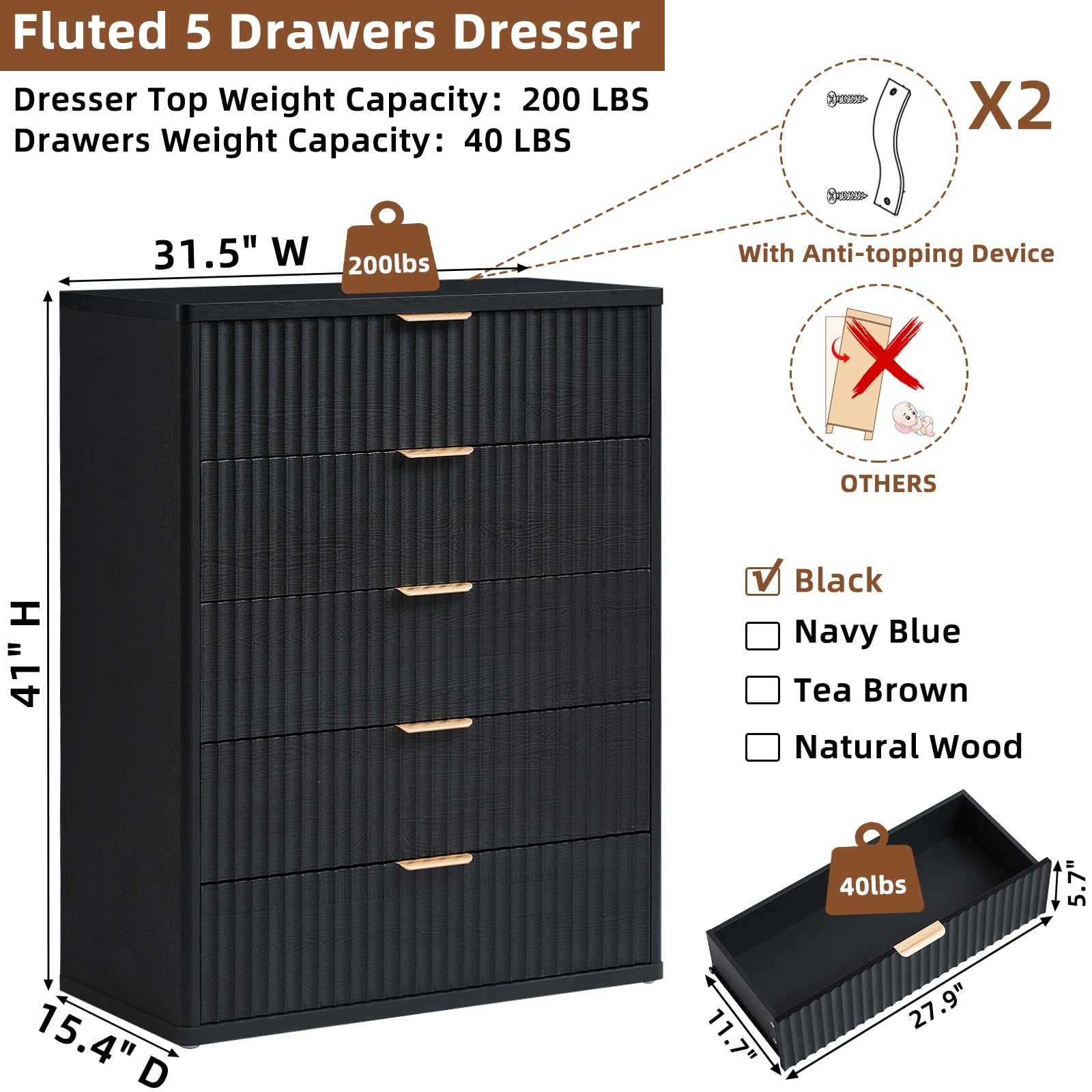 LEYAOYAO Fluted 5 Drawers Dresser for Bedroom, 41" Tall Modern Chest of Drawers with Metal Handle, Curved Profile Design,Natural Wood Drawer Organizer for Bedroom, Living Room, Hallway, Entryway