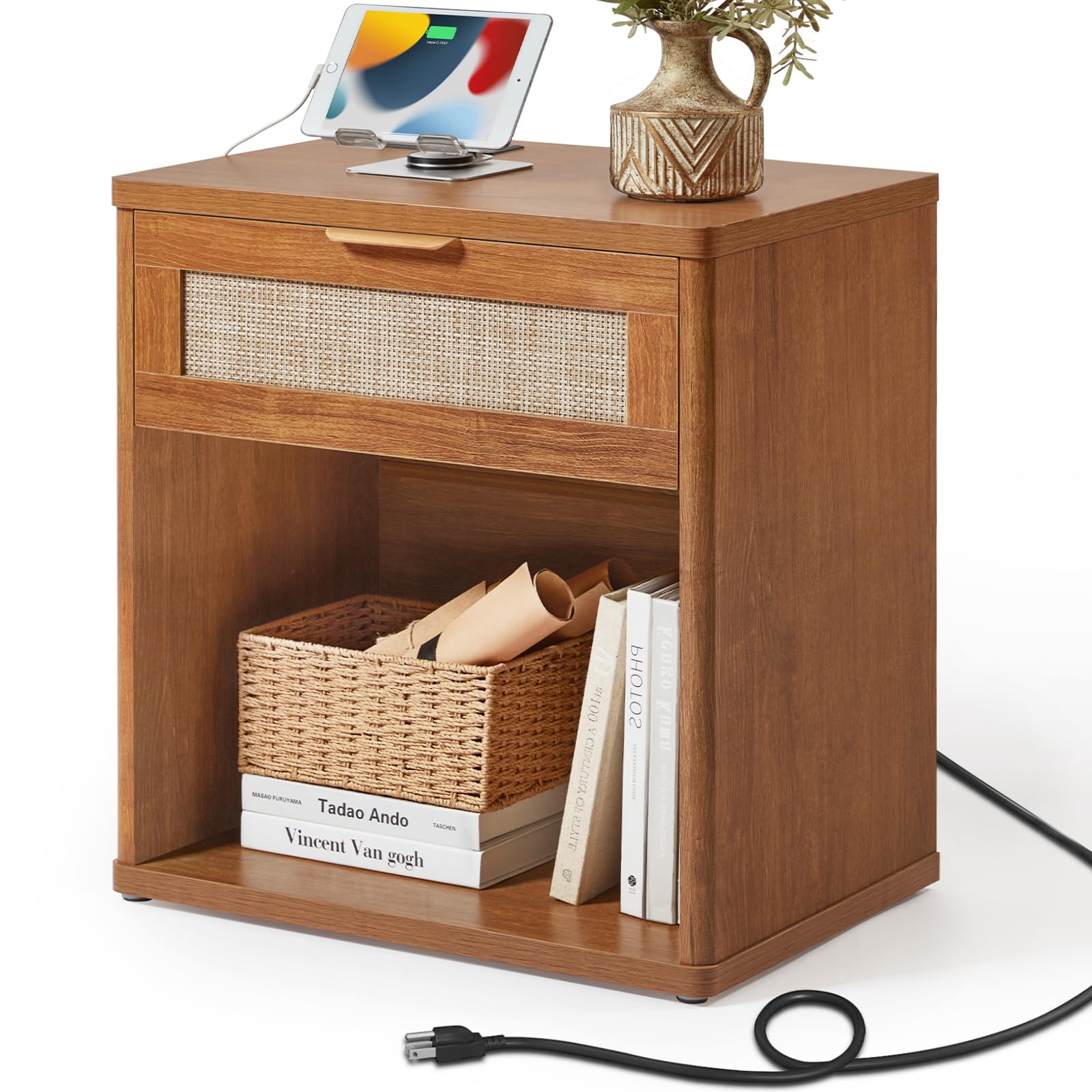 Lerliuo Rattan NightStand with Charger Station, 23" Wide Boho Bedside Table with Drawers, Natural Wood Night Stand Open Storage Cabinet, Bed Side End Table Dresser for Living Room, Hallway, Bedroom