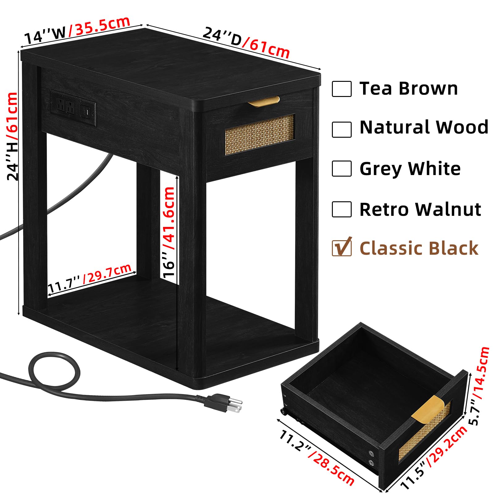 LEYAOYAO Narrow Side Table with Charging Station, Rattan 24 x 14''