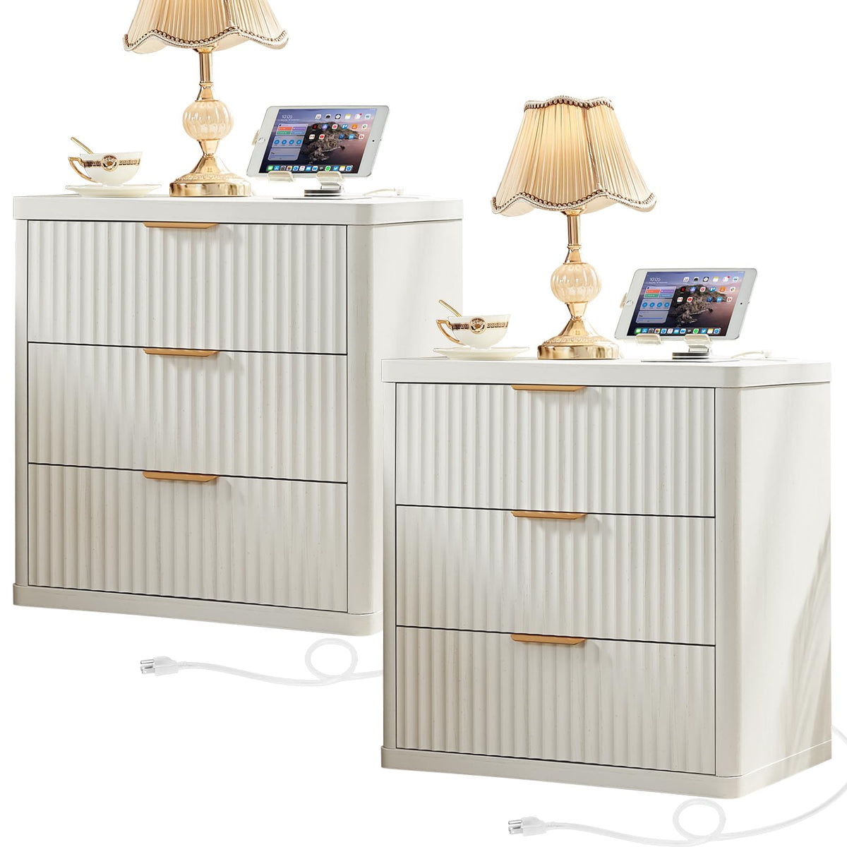 LEYAOYAO 23" Wide Fluted Night Stand with Charging Station, 3 Drawers Large End Table with Storage, LightGrey Nightstand Wood Bedside Tables, Farmhouse Cabinet Dresser for Bedroom, Closet