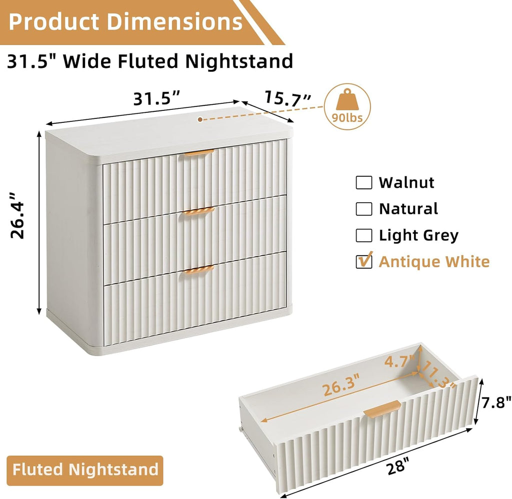 LEYAOYAO 31.5" Wide Fluted Nightstand, Oversized Night Stand, Antique White