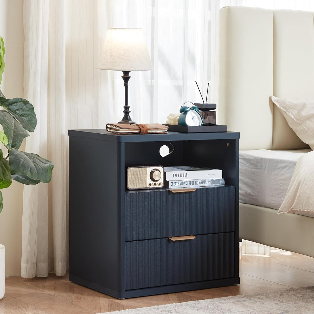 LEYAOYAO Fluted Nightstand with Charging Station, 23" Modern Night Stand with Woodgrain Top, 2 Drawers End Table w/Storage, Bedside Tables for Bedroom, Living Room, Curved Profile Design, Blue