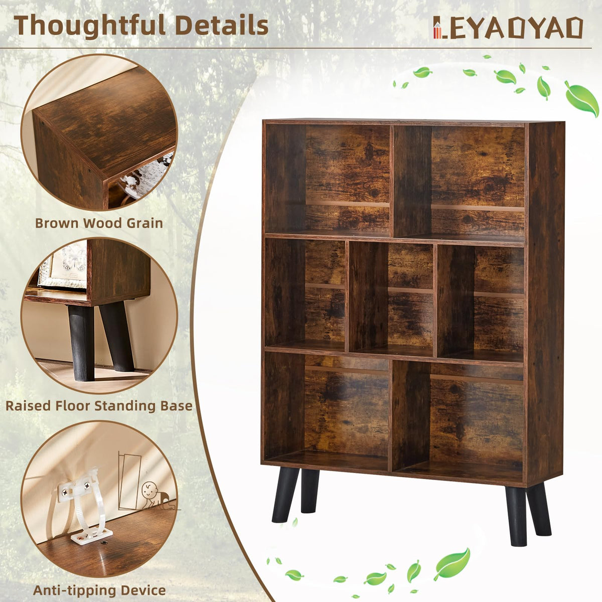 LEYAOYAO 7 Cube Bookshelf, Mid-Century Modern Bookcase Legs,Black Wooden Book Shelves, Wood 3-Tier Freestanding Storage Organizer Display Shelf for Bedroom,Living Room,Office