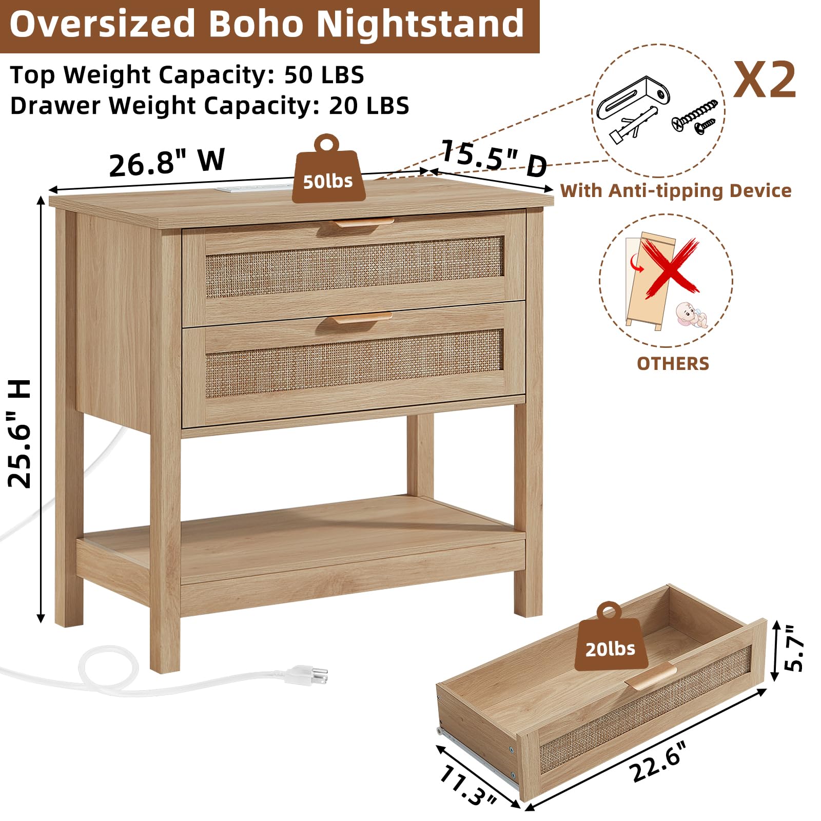 Lerliuo 31.5" Wide Rattan Nightstand,Oversized Large Boho Night Stand with 2 Drawers, 30" Tall Grey White Bedside Table with Storage Shelf, Bed Side End Tables for Bedroom, Living Room, Hallway