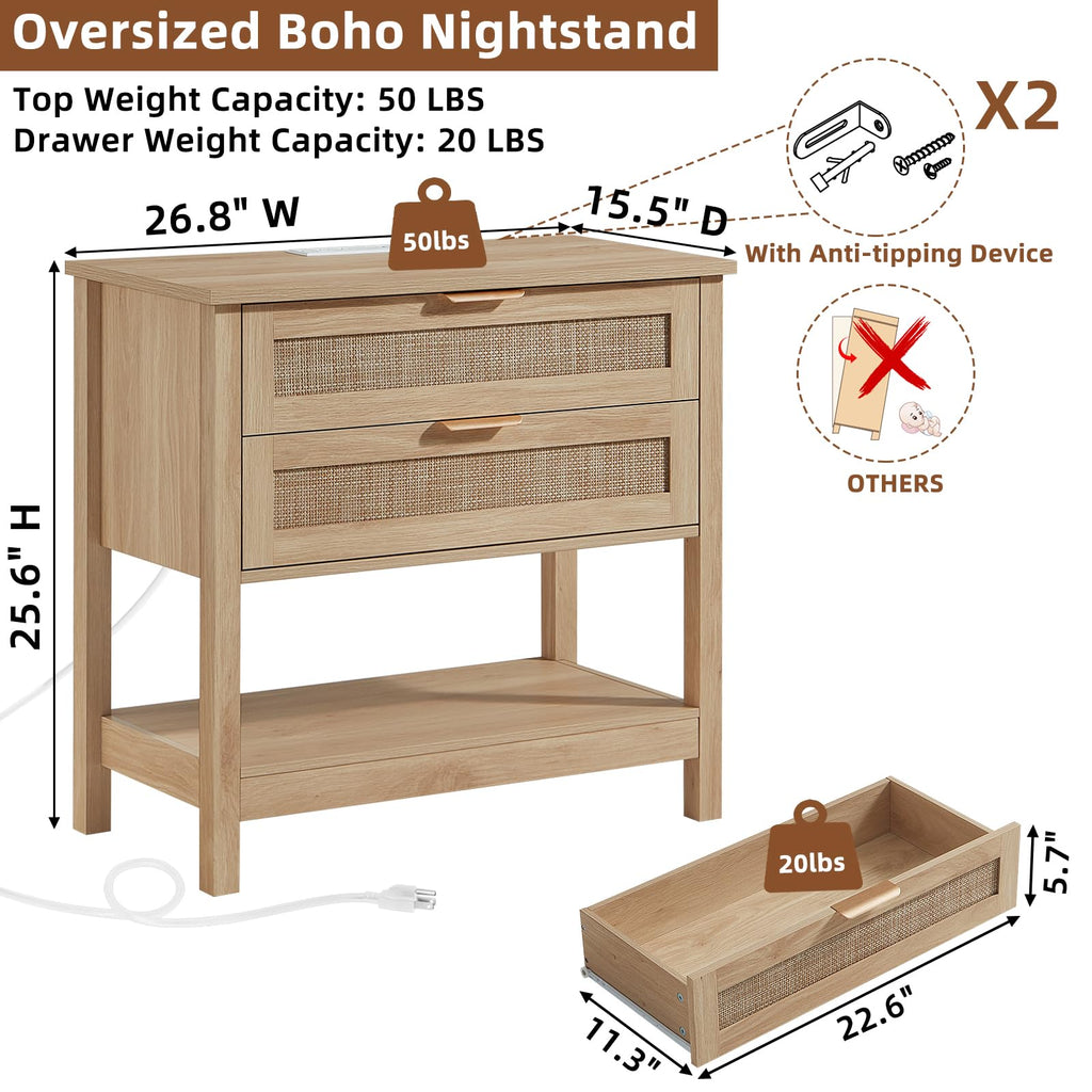 Lerliuo 31.5" Wide Rattan Nightstand,Oversized Large Boho Night Stand with 2 Drawers, 30" Tall Grey White Bedside Table with Storage Shelf, Bed Side End Tables for Bedroom, Living Room, Hallway