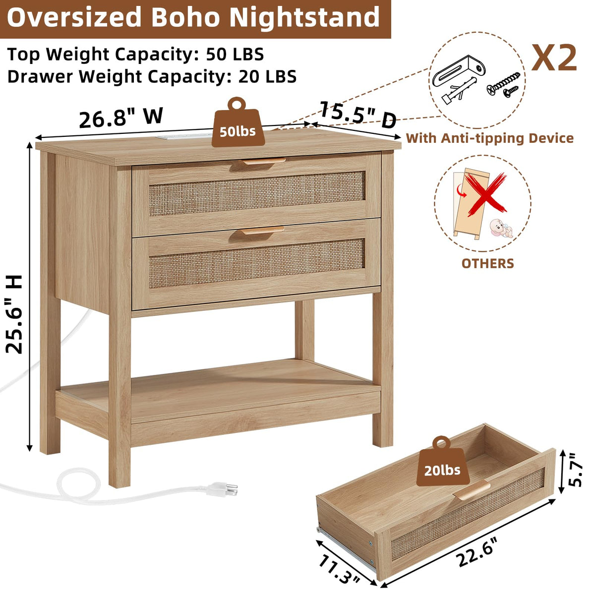 Lerliuo 31.5" Wide Rattan Nightstand,Oversized Large Boho Night Stand with 2 Drawers, 30" Tall Grey White Bedside Table with Storage Shelf, Bed Side End Tables for Bedroom, Living Room, Hallway