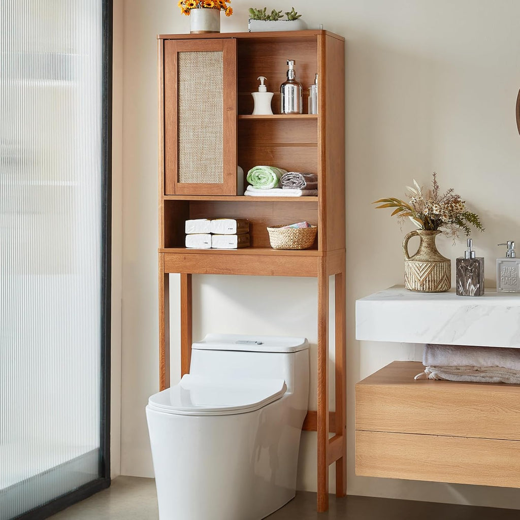 LEYAOYAO 68" Boho Over the Toilet Storage Cabinet with Rattan Sliding Door