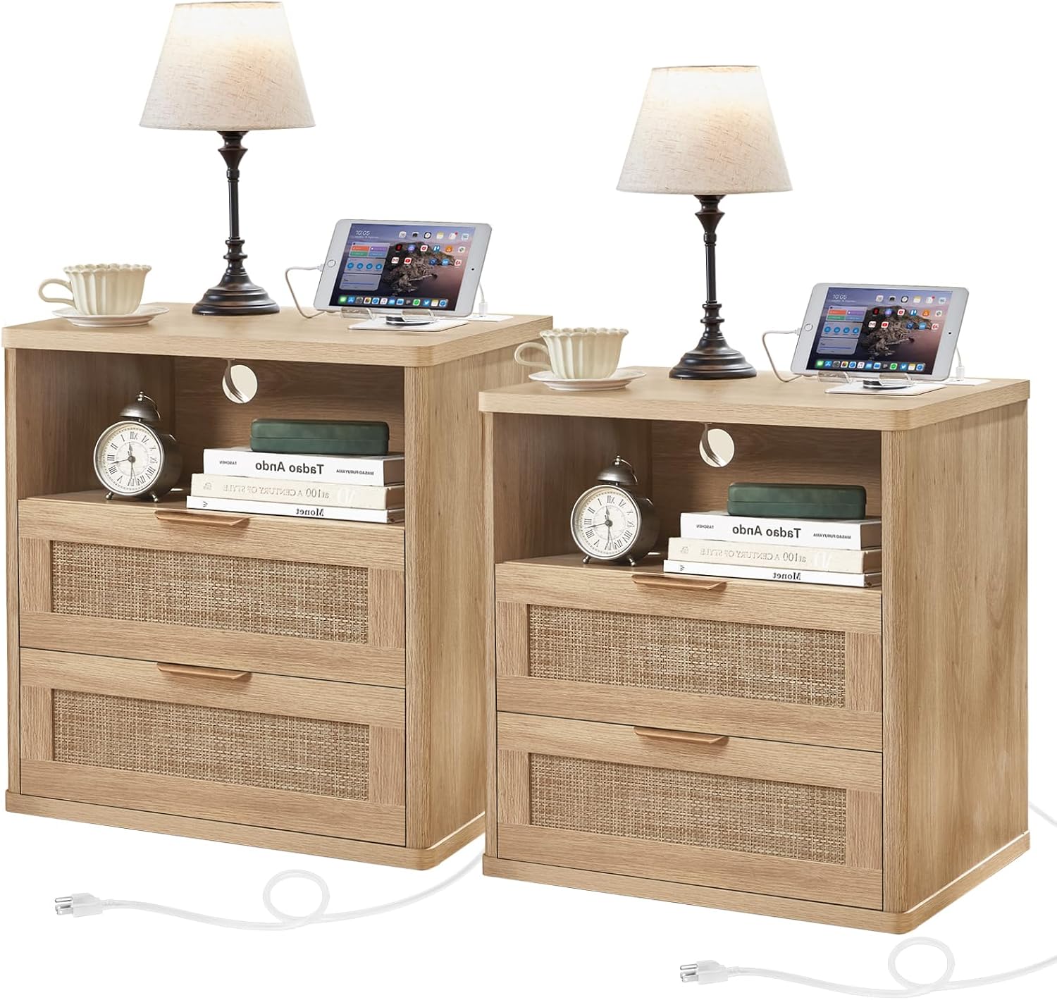LEYAOYAO Rattan 23" Nightstands with Charger Station 2 Drawers