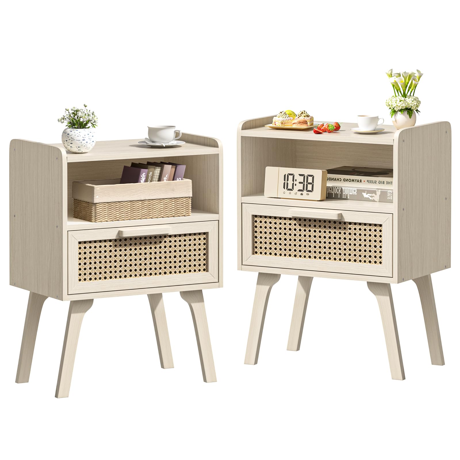 Lerliuo Rattan Nightstand, Boho Side Table with Drawer Open Shelf
