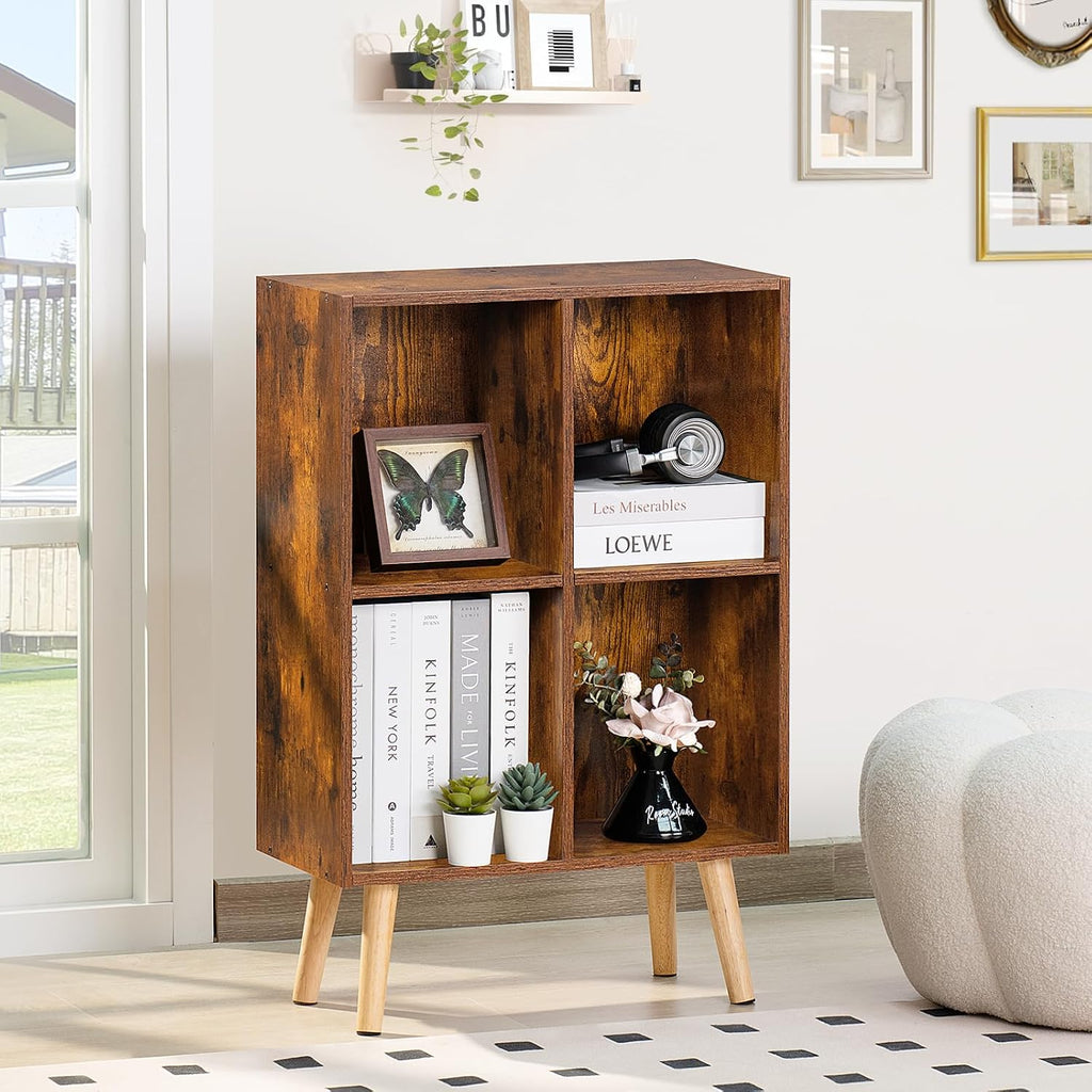 LEYAOYAO 4 Cube Bookshelf, 2-Tier Bookcase with Legs, Brown Kids Book Shelf Cute Storage Organizer, Free Standing Open Toy Shelves Modern Bookshelves,Wood Display Bookcases for Bedroom,Living Room