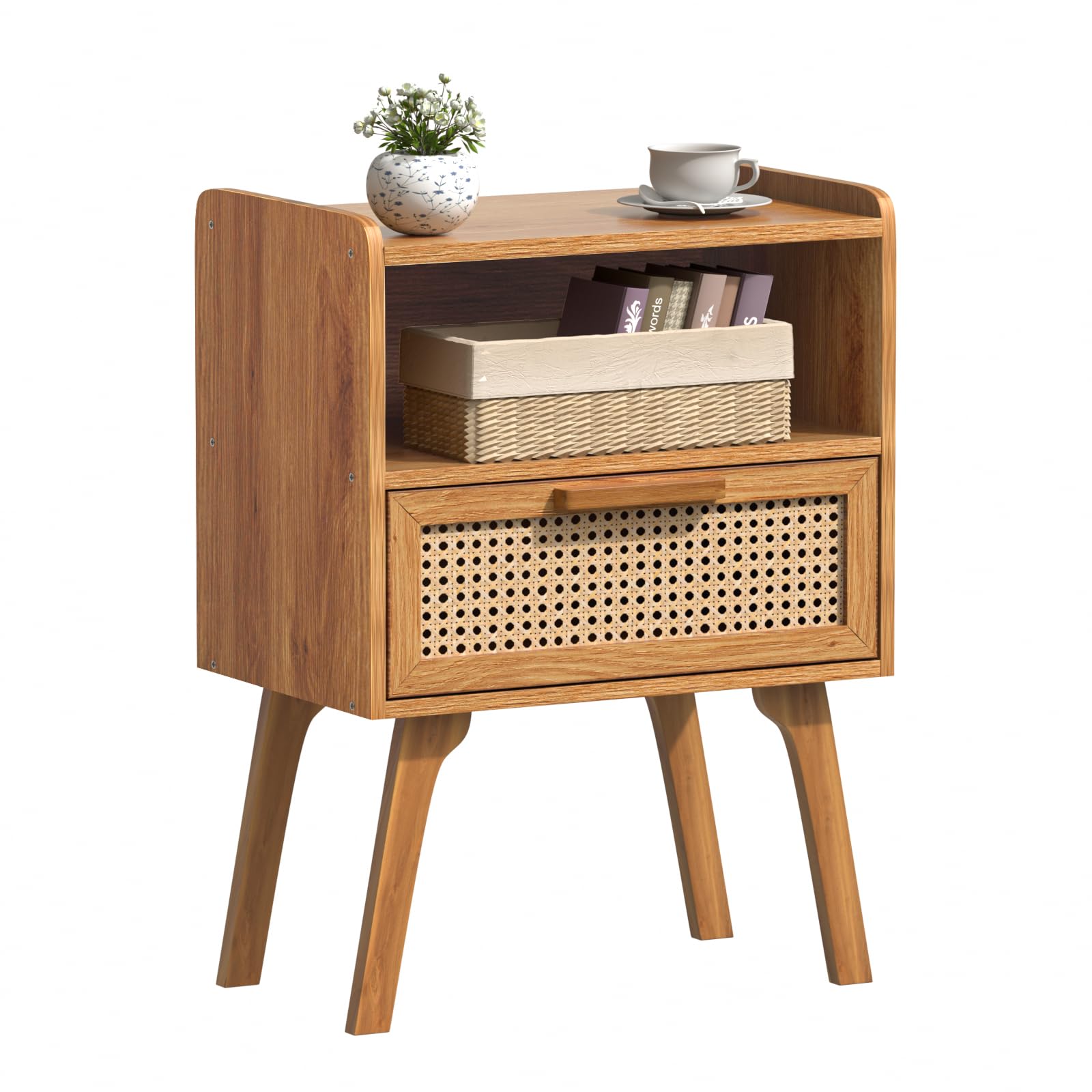 Lerliuo Rattan Nightstand, Boho Side Table with Drawer Open Shelf
