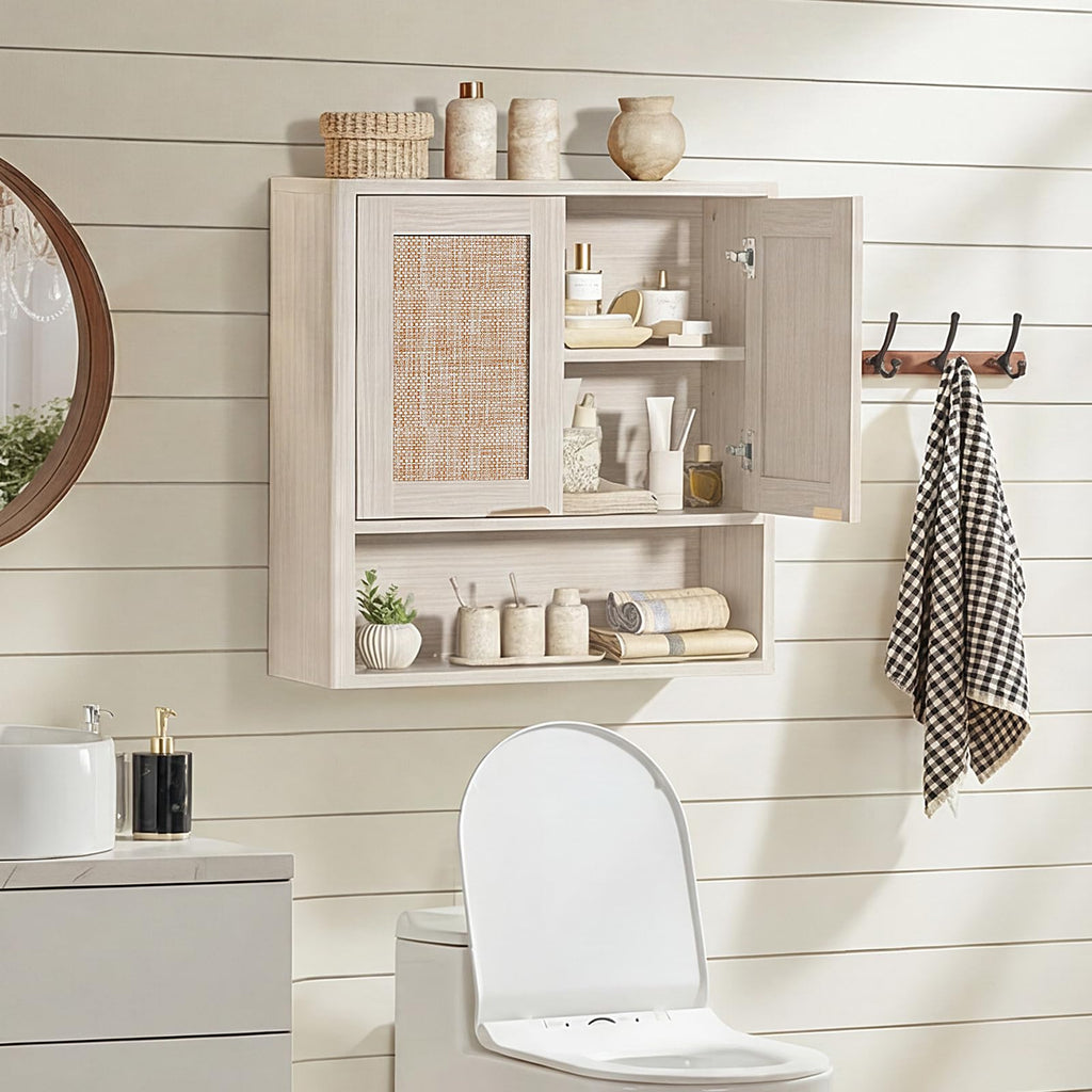 LEYAOYAO 68" Boho Over the Toilet Storage Cabinet with Rattan Sliding Door