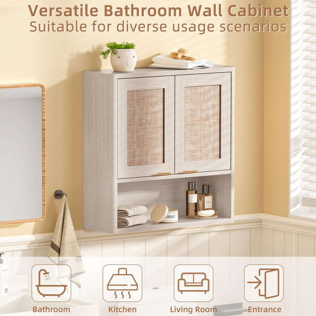 LEYAOYAO 68" Boho Over the Toilet Storage Cabinet with Rattan Sliding Door