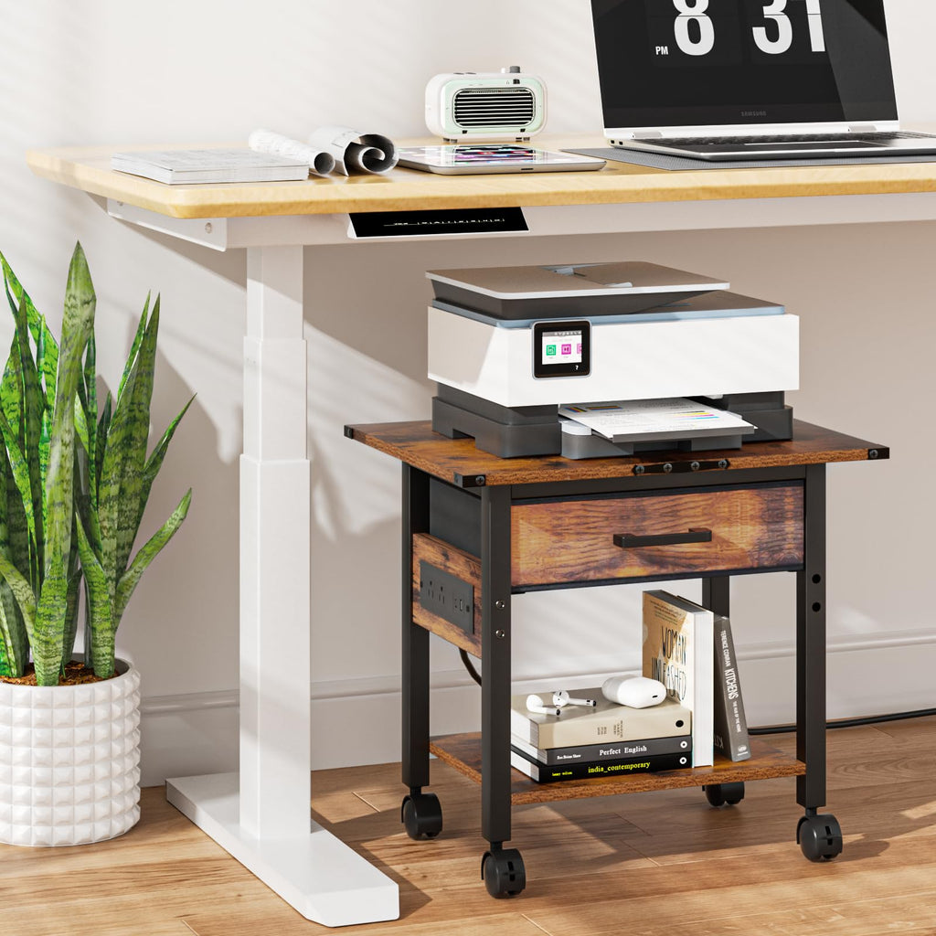 Lerliuo Under Desk Rolling Printer Stand with Drawer, 2-Tier Industrial Mobile Printer Table Desk with Storage Shelf and Steel Frame, Printer Cart Holder with Lockable Wheels for Home, Office (Brown)