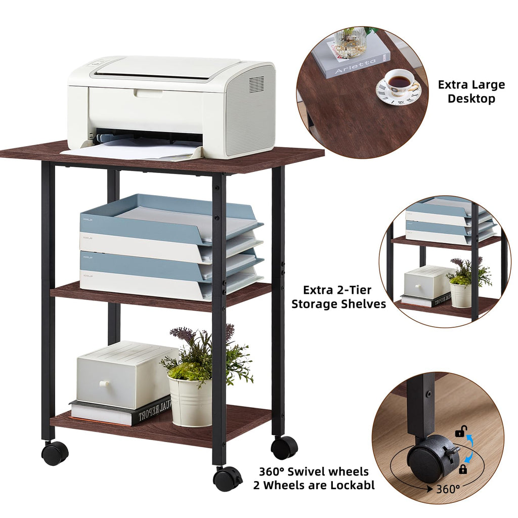 Lerliuo 3-Tier Printer Stand, Industrial Mobile Printer Table with Storage Shelf and Steel Frame, Rolling Printer Cart Holder with Lockable Wheels for Home, Office (White)