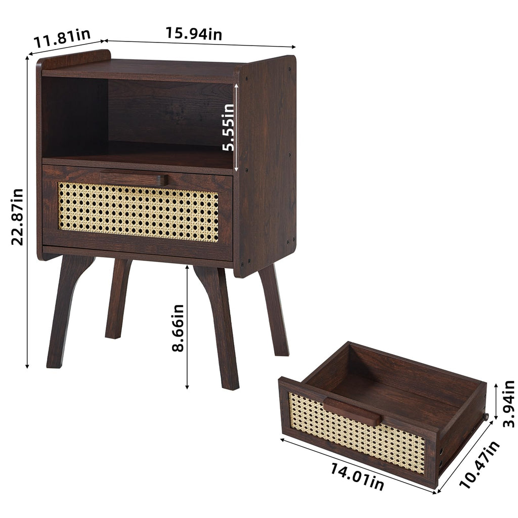 Lerliuo Rattan Nightstand, Boho Side Table with Drawer Open Shelf