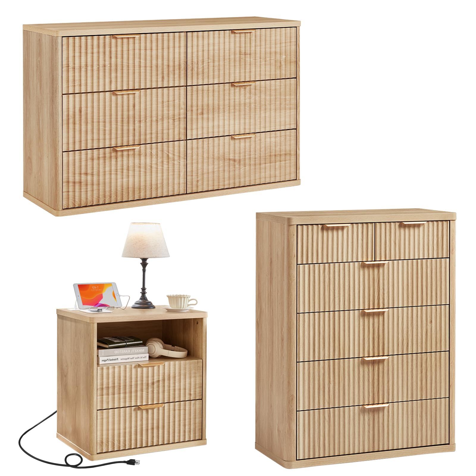 LEYAOYAO Fluted Dressers & Nightstand Set of 4, Wood 48" Wide Dresser & 42" Tall Chest of Drawers,Modern Bedroom Furniture Sets, Black Wooden Nightstand Set of 2 with 2 Drawers & Charging Station