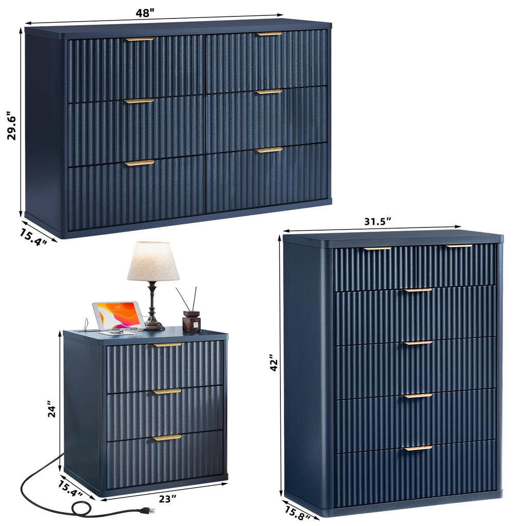 LEYAOYAO Fluted Dressers & Nightstand Set of 4, Wood 48" Wide Dresser & 42" Tall Chest of Drawers,Modern Bedroom Furniture Sets, Natural Wooden Nightstand Set of 2 with 3 Drawers & Charging Station