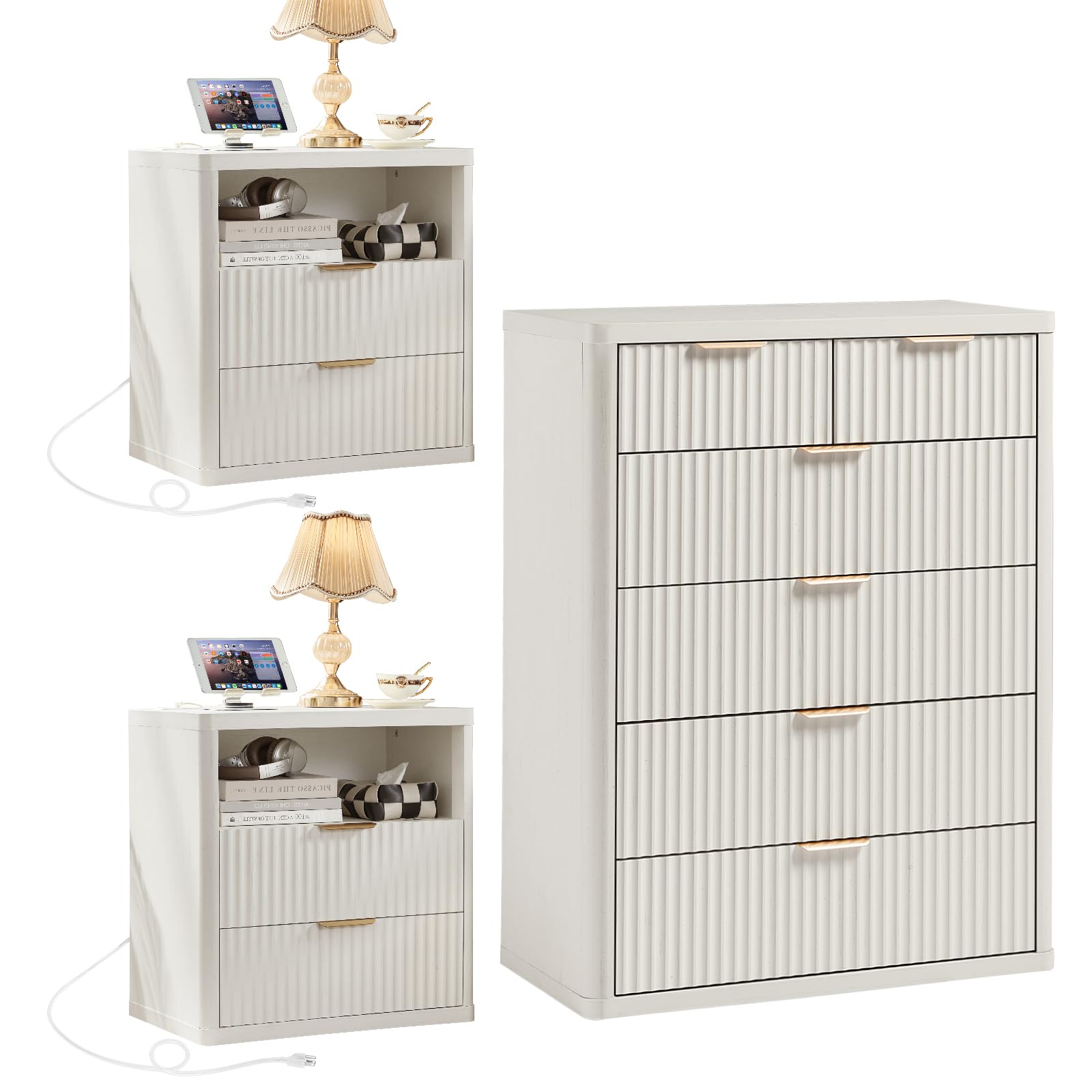 LEYAOYAO Fluted Dressers & Nightstand Set of 4, Wood 48" Wide Dresser & 42" Tall Chest of Drawers,Modern Bedroom Furniture Sets, Black Wooden Nightstand Set of 2 with 2 Drawers & Charging Station