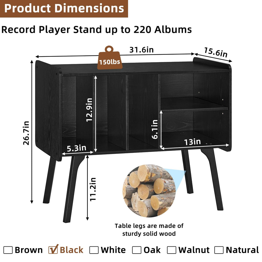 Lerliuo Record Player Stand with 4 Cabinet Holds Up to 220 Albums,Oak