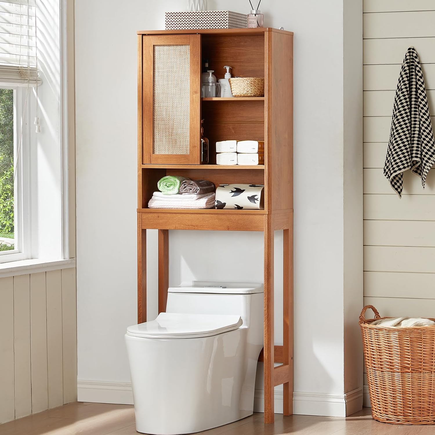 LEYAOYAO 68" Boho Over the Toilet Storage Cabinet with Rattan Sliding Door