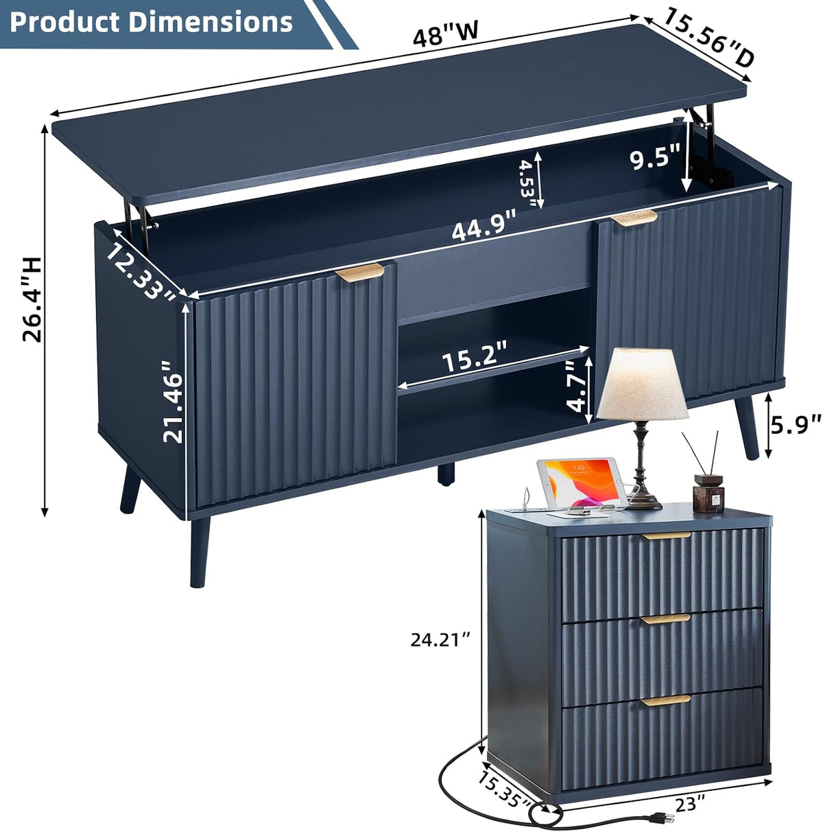 LEYAOYAO Fluted Lift Top Coffee Table and Nightstand Set,Wood 48" Wide Center Tables & 23" Night Stand with 3 Drawers,Farmhouse Living Room Suites for Bedroom Home Living Room Hallway,Blue