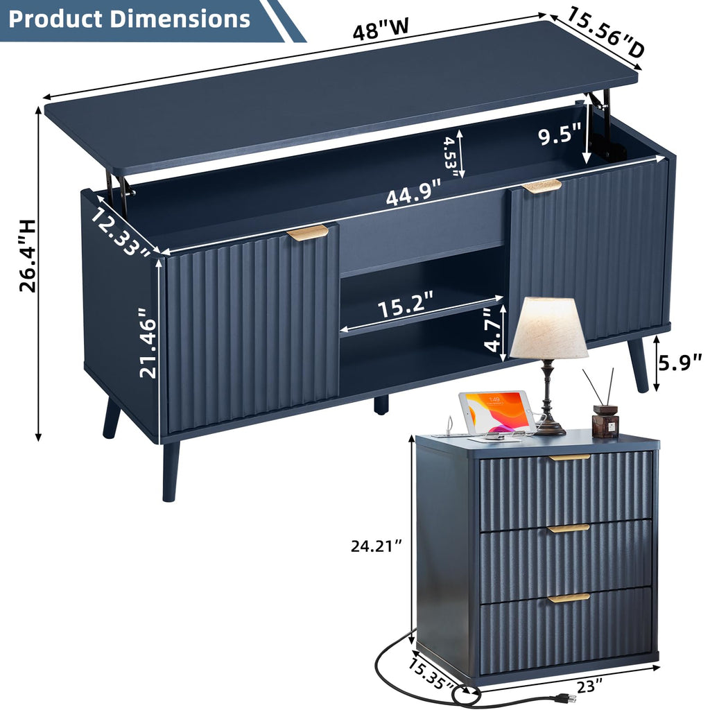 LEYAOYAO Fluted Lift Top Coffee Table and Nightstand Set,Wood 48" Wide Center Tables & 23" Night Stand with 3 Drawers,Farmhouse Living Room Suites for Bedroom Home Living Room Hallway,Blue