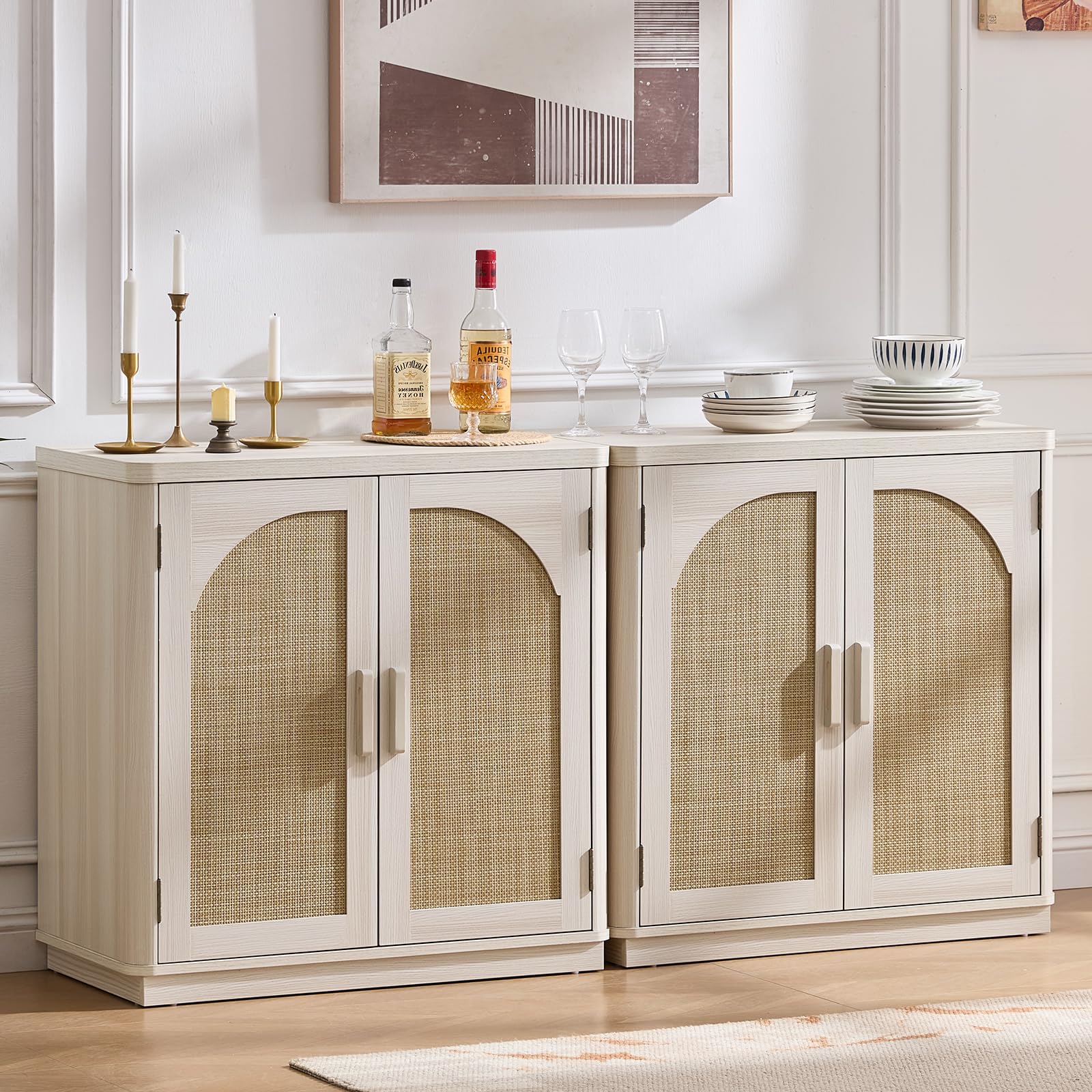LEYAOYAO Rattan Sideboard Buffet Cabinet with Storage, 31.5" Coffee Bar Cabinet with Arch Doors & Adjustable Shelves, Wood Credenza, Boho Accent Cabinet for Kitchen, Living Room, Natural