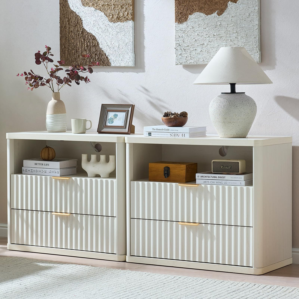 LEYAOYAO 31" Wide Fluted Nightstand with Charging Station, Oversized Extra Large 1 Drawer Night Stand with Golden Handle, Antique White Bedside Table Tall End Tables,for Bedroom, Living Room, Hallway