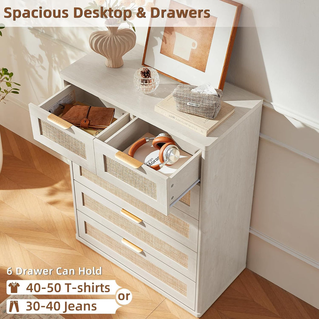 LEYAOYAO Rattan Dresser and Nightstand Set of 3, Boho Wood Dresser for Bedroom with 6 Drawers and Night Stand with Charging Station, Bedroom Furniture, Dressers & Chests of Drawers, Living Room