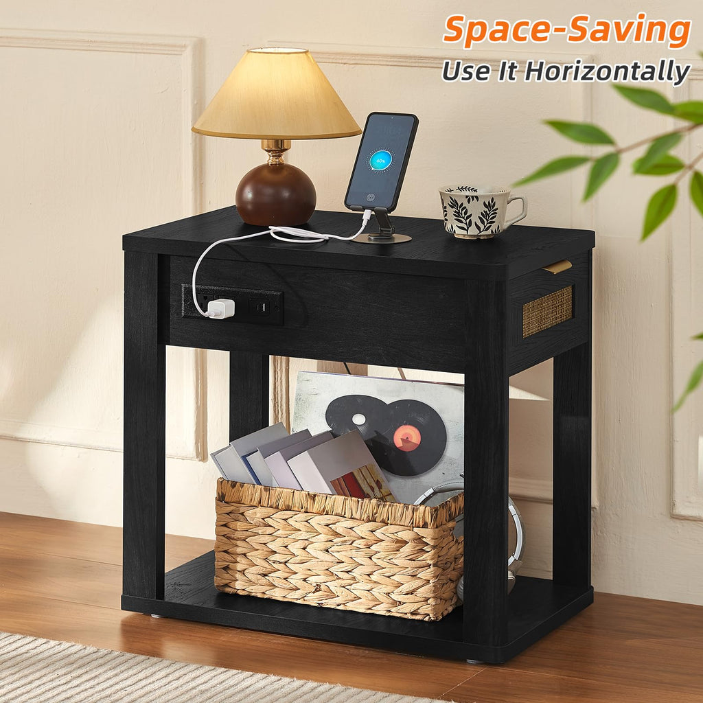 LEYAOYAO Narrow Side Table with Charging Station, Rattan 24 x 14''