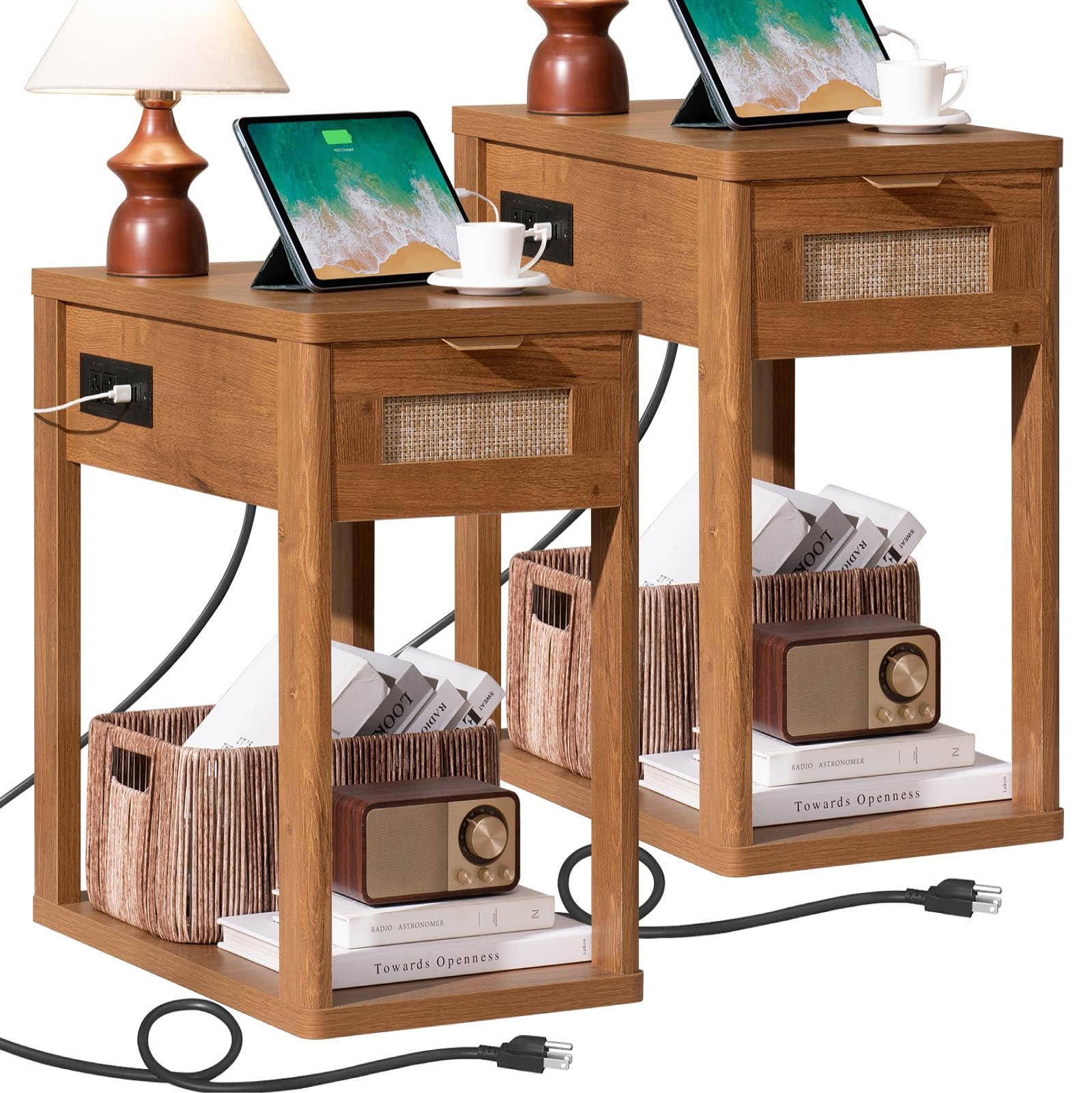 LEYAOYAO Narrow Side Table with Charging Station, Rattan 24 x 14''