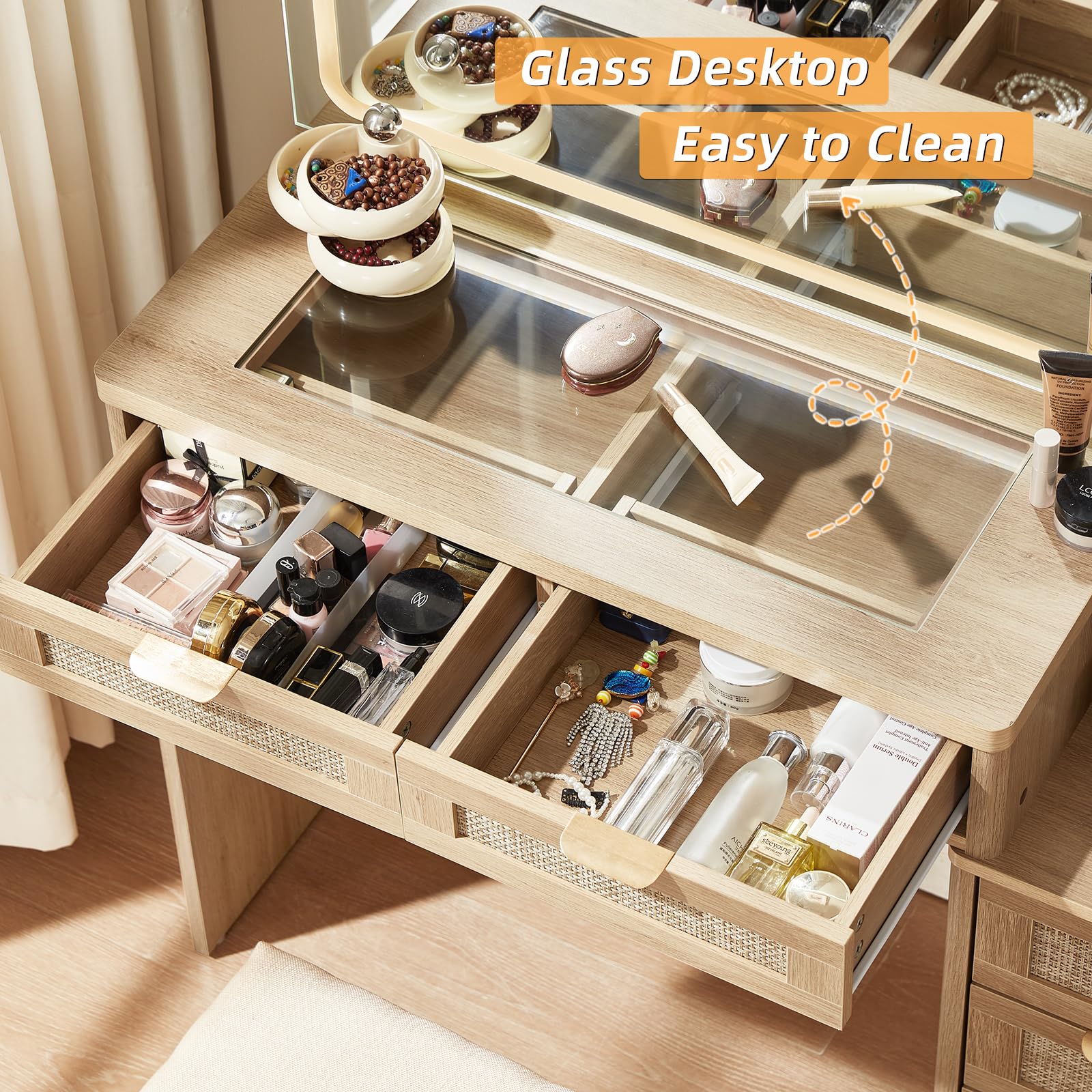 LEYAOYAO Rattan Makeup Vanity Desk with Stool, Mirror and Lights