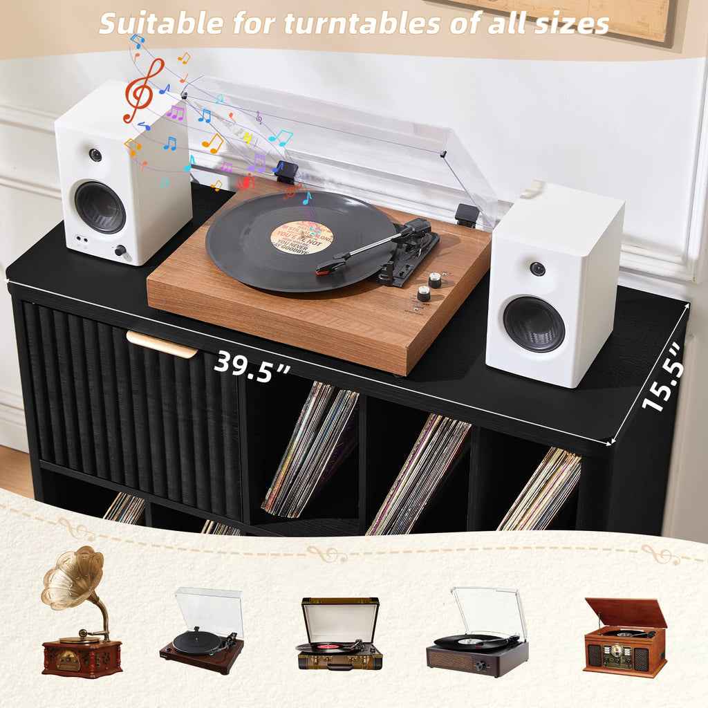 LEYAOYAO Large Record Player Stand with Vinyl Storage Up to 450 Albums, Wood Fluted Record Storage Accent Cabinet, Modern Stereo Media Cabinets, Wide Turntable Stand for Living Room, Antique White