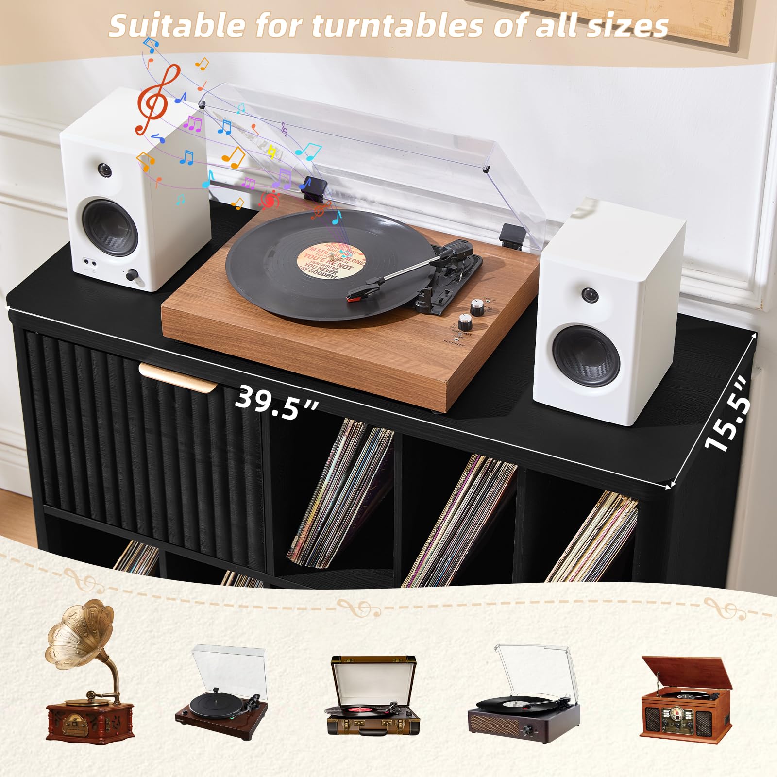 LEYAOYAO Large Record Player Stand with Vinyl Storage Up to 450 Albums, Wood Fluted Record Storage Accent Cabinet, Modern Stereo Media Cabinets, Wide Turntable Stand for Living Room, Antique White