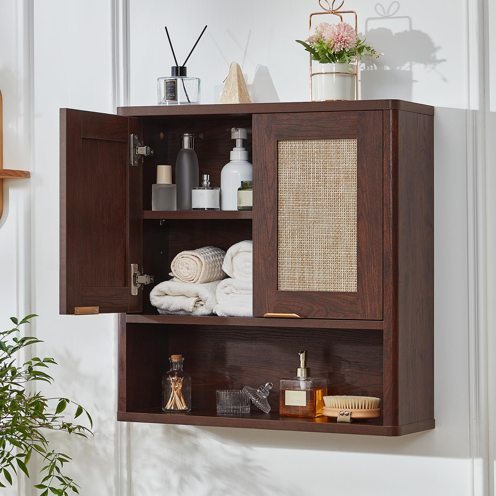 LEYAOYAO 68" Boho Over the Toilet Storage Cabinet with Rattan Sliding Door