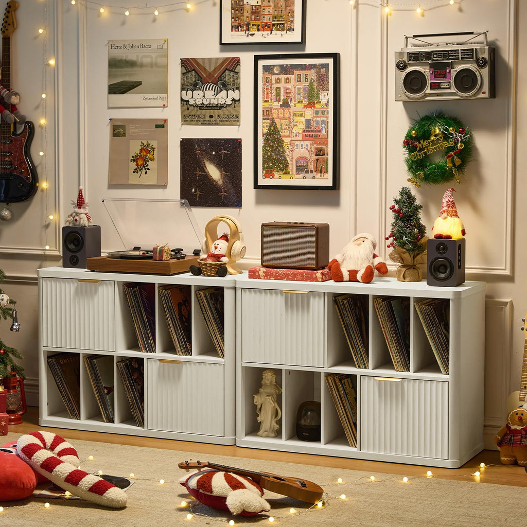 LEYAOYAO Large Record Player Stand with Vinyl Storage Up to 450 Albums, Wood Fluted Record Storage Accent Cabinet, Modern Stereo Media Cabinets, Wide Turntable Stand for Living Room, Antique White