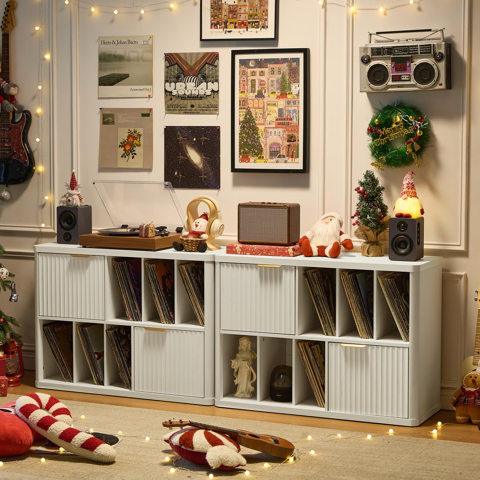 LEYAOYAO Large Record Player Stand with Vinyl Storage Up to 450 Albums, Wood Fluted Record Storage Accent Cabinet, Modern Stereo Media Cabinets, Wide Turntable Stand for Living Room, Antique White