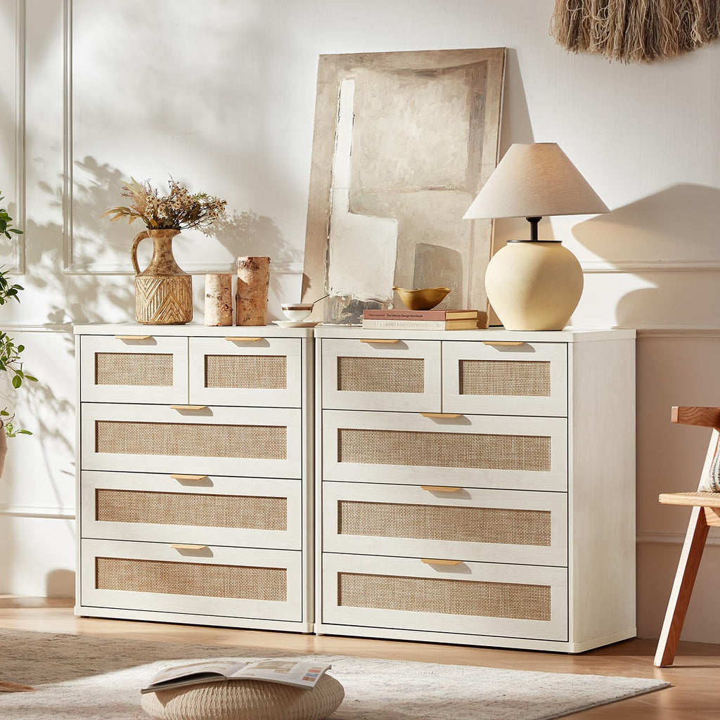 LEYAOYAO Rattan Bedroom Dresser Set of 2, Boho Wood 48" Wide 6 Drawers Dresser for Bedroom and 31.5" Tall 5 Drawers Dressers, Bedrooms Furniture, Dressers & Chests of Drawers, Living Room, Hallway