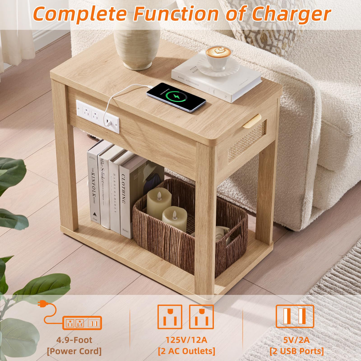LEYAOYAO Narrow Side Table with Charging Station, Rattan 24 x 14''