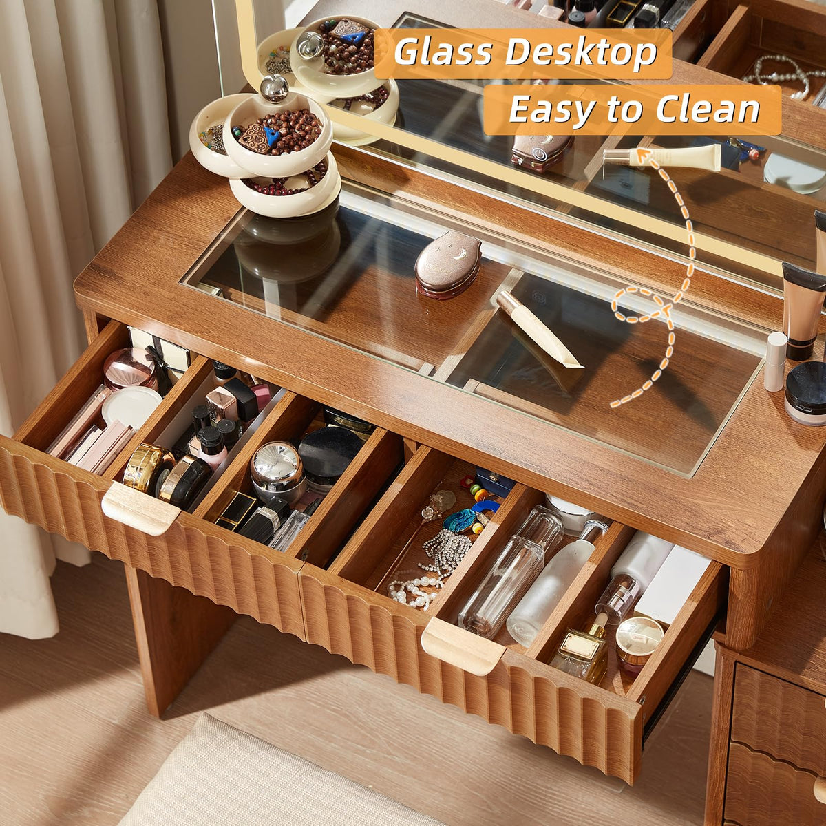 LEYAOYAO Fluted Makeup Vanity Desk with Mirror and Lights, 43.5''
