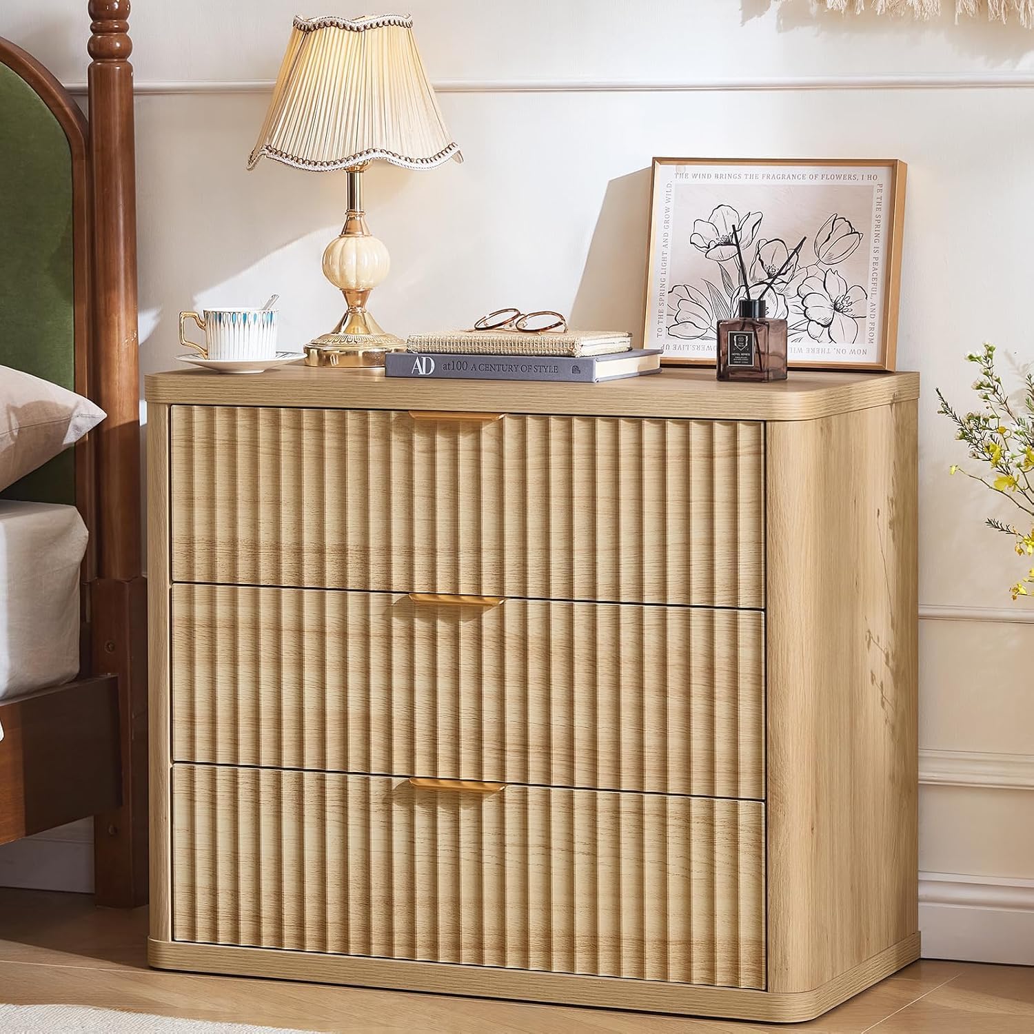 LEYAOYAO 31" Wide Fluted Nightstand with Charging Station, Oversized Extra Large 1 Drawer Night Stand with Golden Handle, Antique White Bedside Table Tall End Tables,for Bedroom, Living Room, Hallway