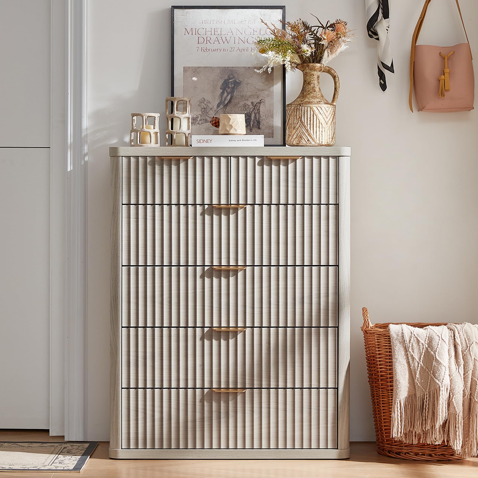 LEYAOYAO Fluted 6 Drawers Dresser for Bedroom Set of 2, 42" Tall Modern Chest of Drawer with Metal Handle, Curved Profile Design,Brown Wood Drawer Organizer for Bedroom, Living Room, Hallway