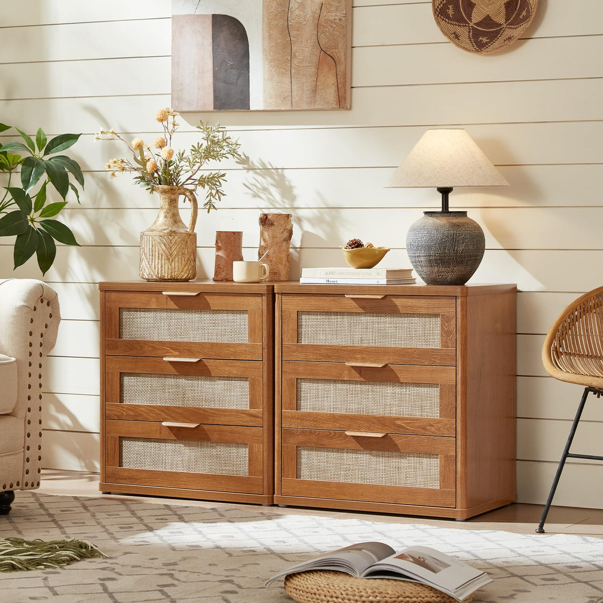 LEYAOYAO Rattan Dresser and Nightstand Sets 3 Piece, Natural